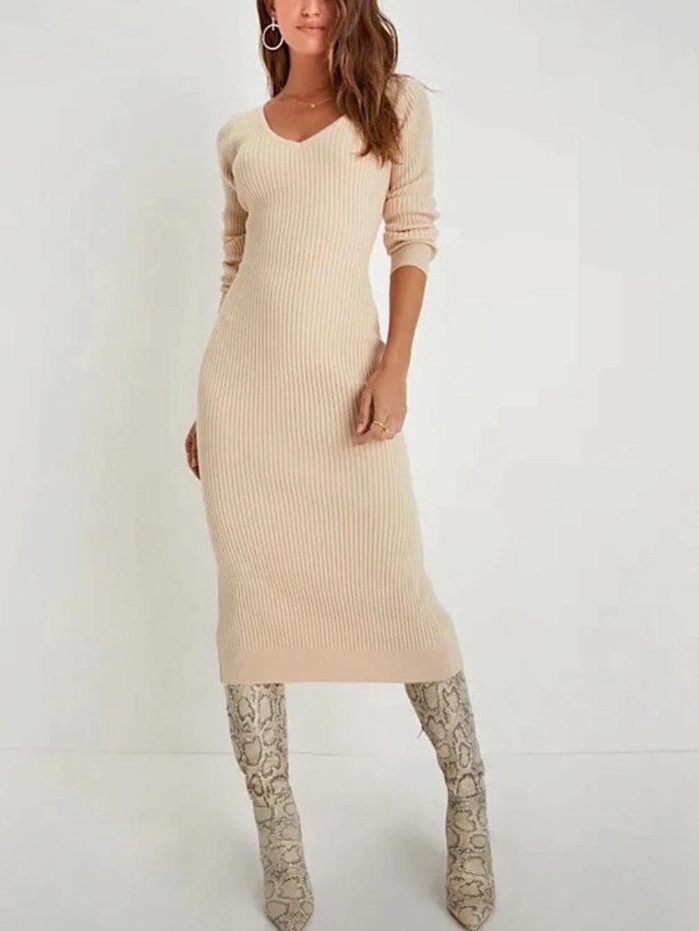 Lulus Everyday Beauty Beige Ribbed Knit Sweater Dress Like New